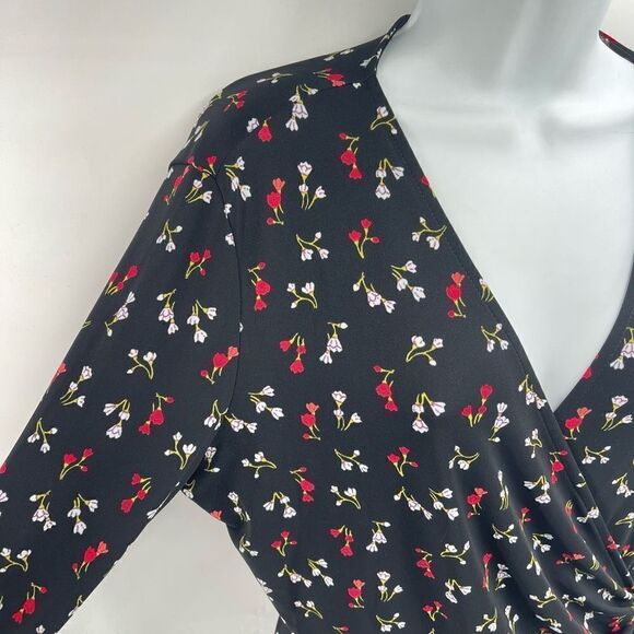 Lark & Ro Black floral long sleeve true wrap dress large dainty floral flowers m - Picture 13 of 16